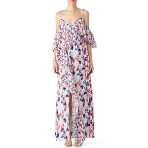 NEW Tanya Taylor Lorena Floral Ikat Ruffle Cold Shoulder Asymmetrical Midi Dress